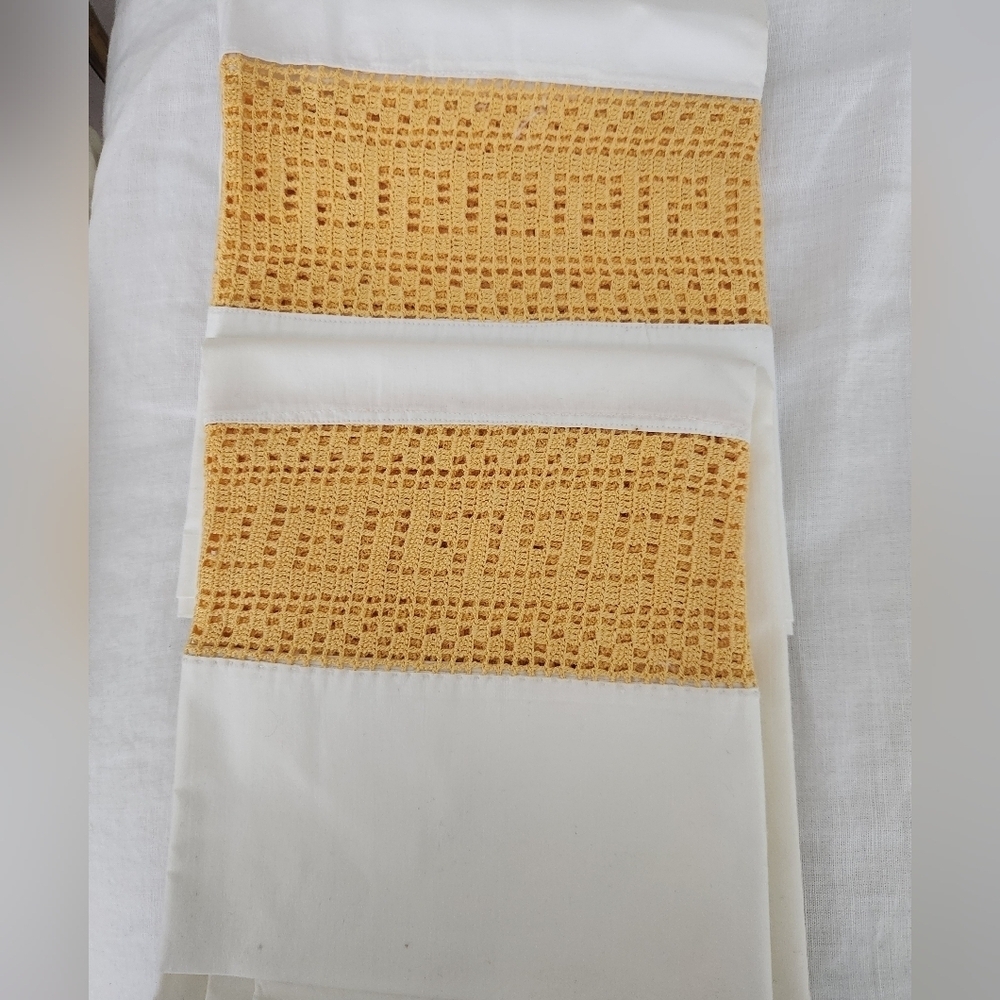 Pair of Vintage Cotton Goldenrod and White Hand Crocheted Lace  Pillowcases